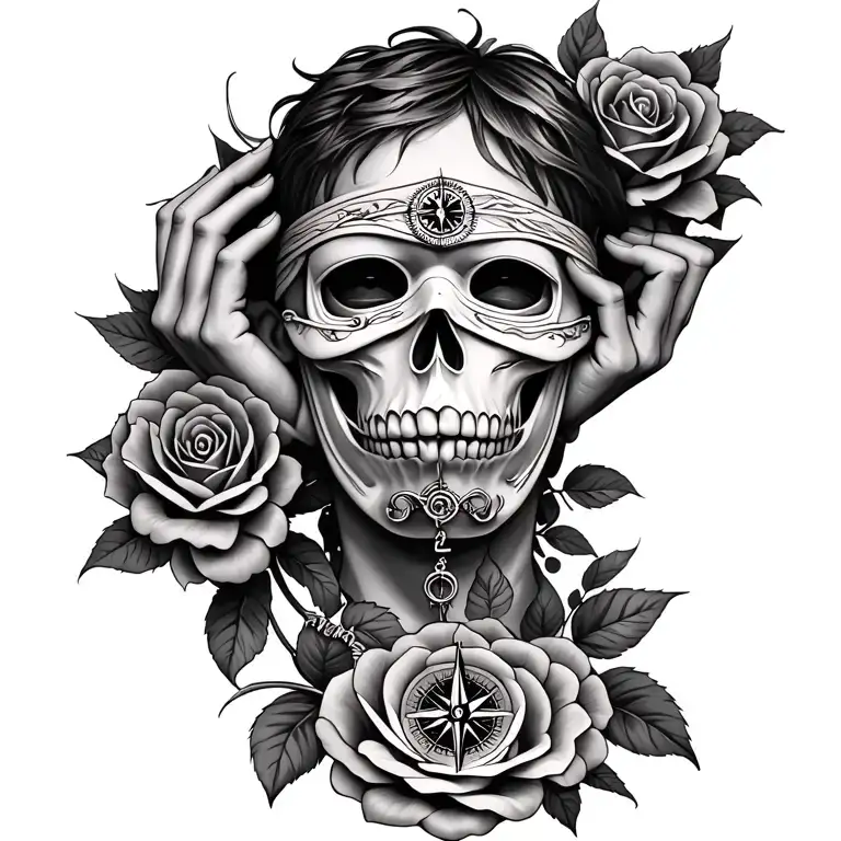 roses, boy Japanese death mask, compass, mythology tattoo blindfold covering eyes and hands covering ears  tattoo design idea