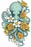 octopus, snowdrop, rose , marigold   bouquet tattoo design idea