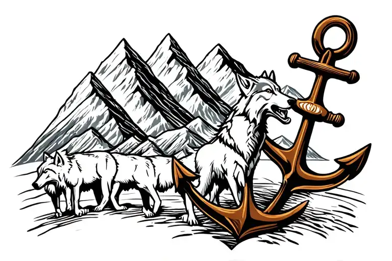 anchor with 3 mountain peaks and a wolf leading a wolf pack tattoo design idea