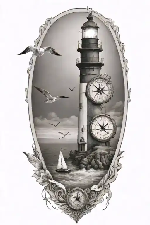 lighthouse, compass, heart, calm ocean, beach, seagull tattoo design idea