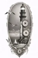 lighthouse, compass, heart, calm ocean, beach, seagull tattoo design idea