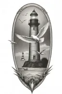 lighthouse, compass, heart, calm ocean, beach, seagull tattoo design idea