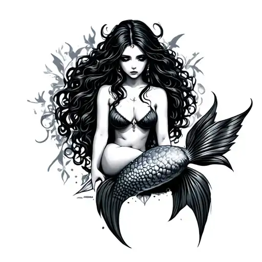 dark, gothic, mermaid sitting tattoo design idea