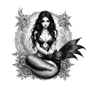 dark, gothic, mermaid sitting tattoo design idea