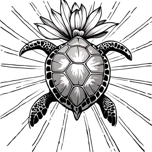sea turtle and Lilly flower with sun rays casting down tattoo design idea
