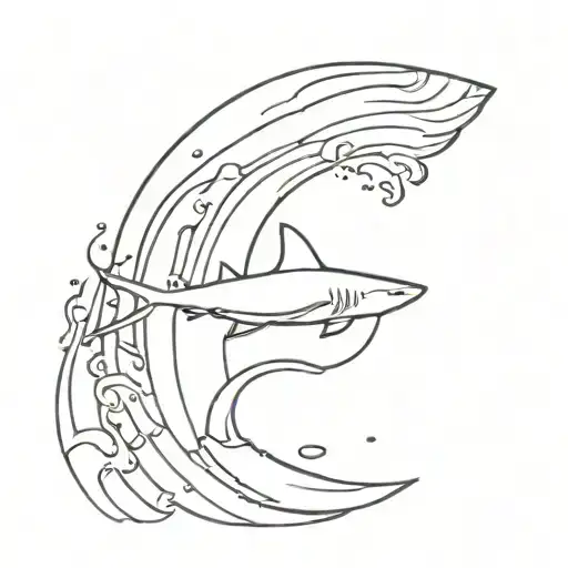 Shark fin that inside it has waves at the bottom and sun goes down in the sky tattoo design idea