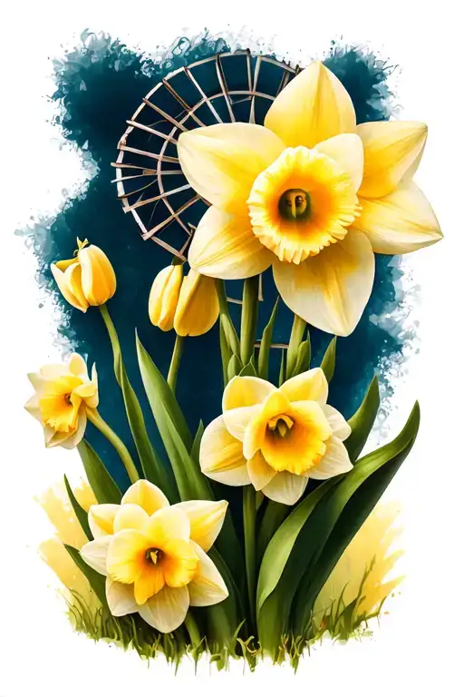 Tulip, windmill dutch clogs daffodil flower tattoo design idea
