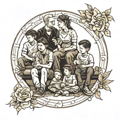 Create a tattoo design depicting a family sitting from left to right: two sons, a father, a mother, a son, and a daughte tattoo design idea