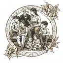 Create a tattoo design depicting a family sitting from left to right: two sons, a father, a mother, a son, and a daughte tattoo design idea