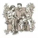 Create a tattoo design depicting a family sitting from left to right: two sons, a father, a mother, a son, and a daughte tattoo design idea