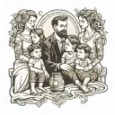 Create a tattoo design depicting a family sitting from left to right: two sons, a father, a mother, a son, and a daughte tattoo design idea