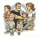 Create a tattoo design depicting a family sitting from left to right: two sons, a father, a mother, a son, and a daughte tattoo design idea
