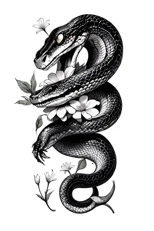 snake that is ready to bite and flowers around it tattoo design idea