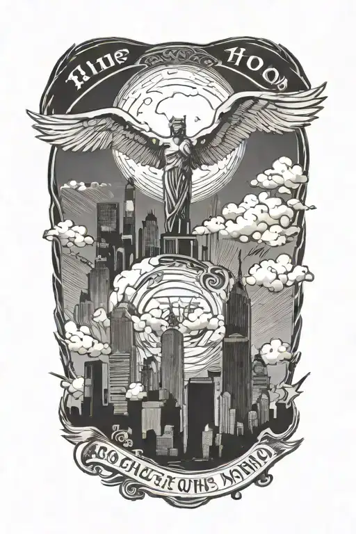 be someone with houston skyline in the background angel wings tattoo design idea