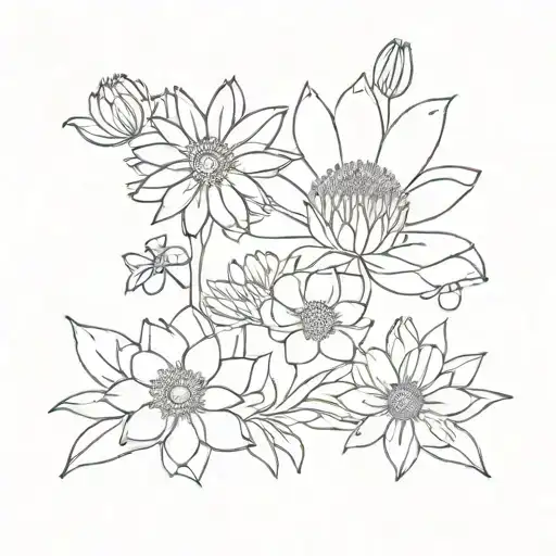 Aster, Water lily, Daisy and violet flowers tattoo tattoo design idea