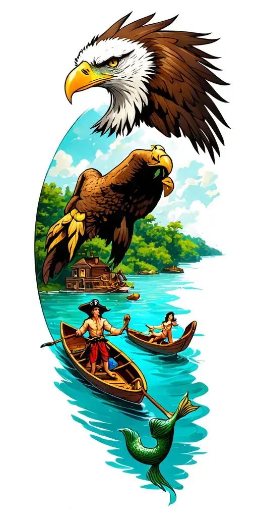 a full sleeve with an eagle at the top and  a neverland lagoon from Peter pan with a pirate in a row boat and mermaids tattoo design idea