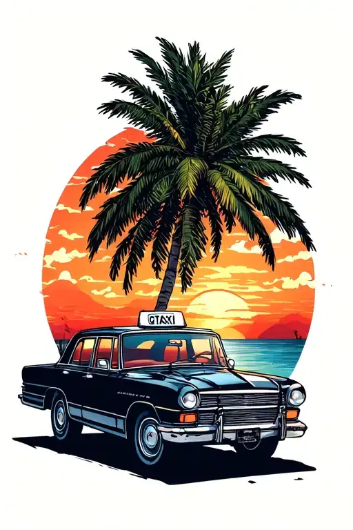 Taxi on the way to the paradise of God in a backward sunset seen from afar tattoo design idea