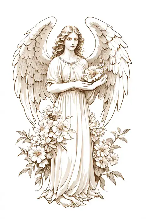 angel and flowers tattoo design idea