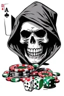 skull in a hood, cards, roulette chips, dice tattoo design idea