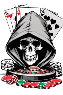 skull in a hood, cards, roulette chips, dice tattoo design idea