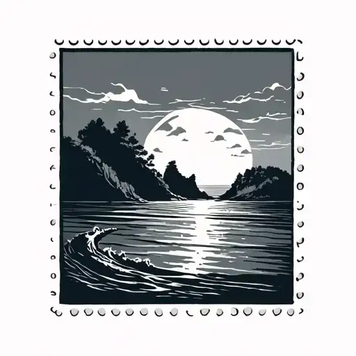 stamp with a sea landscape with a tattoo design idea