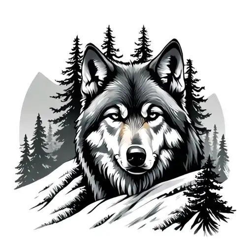 Wolf and Large Trees on Mountain tattoo design idea