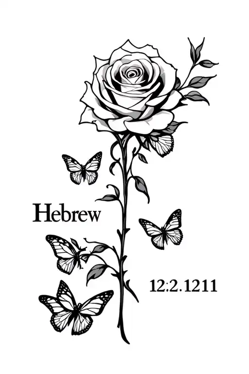 "Hebrew 12:11" rose surrounded by two butterflys flying with the text writeng under tattoo design idea