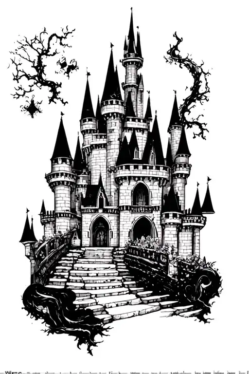 disney characters in a castle tattoo design idea