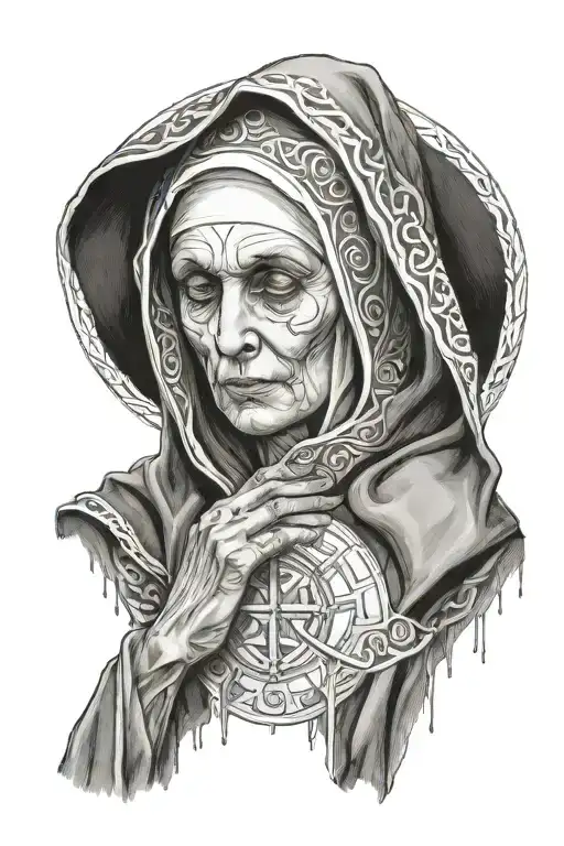 Tattoo in the Orthodox style. The nun bowed her head, wearing a mantle. The background is painted like the walls of a church tattoo design idea
