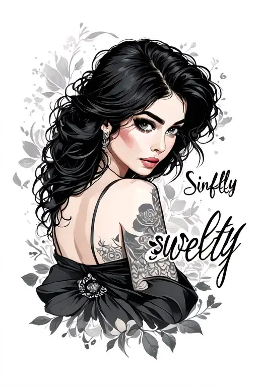 "Sinfully sweety" Sinfully woman black hair tattoo design idea
