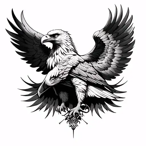 Full back tattoo design, dark sacred theme. A powerful eagle with wings spread across the upper back and neck, symbolizi tattoo design idea