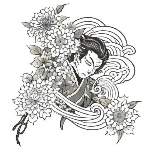Japanese manga with flowers and lines tattoo design idea