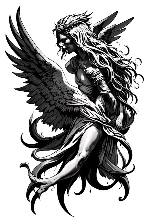 tattoo of good vs evil, thick lines, fallen angel tattoo design idea