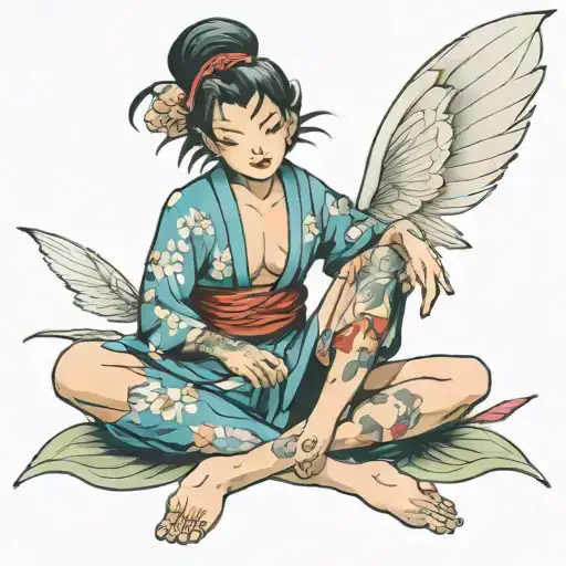 cartoon fairy sitting cross legged tattoo design idea