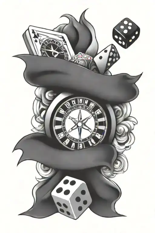 gambling theme arm sleeve with dice and roulette wheel and lucky number 24 tattoo design idea