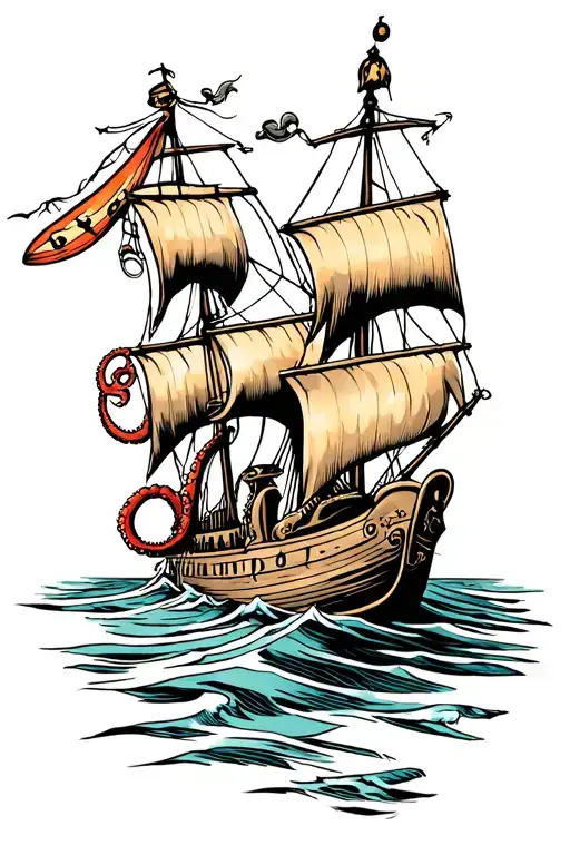 pirate ship, octopus, surf board tattoo design idea