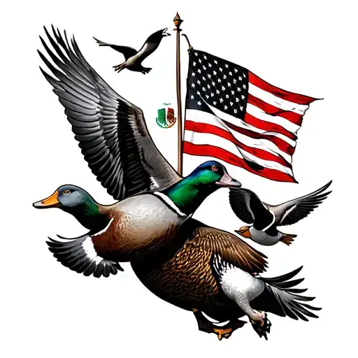 duck hunting, hunting dog, Italian American flags intertwined, ducks and pheasants flying  tattoo design idea