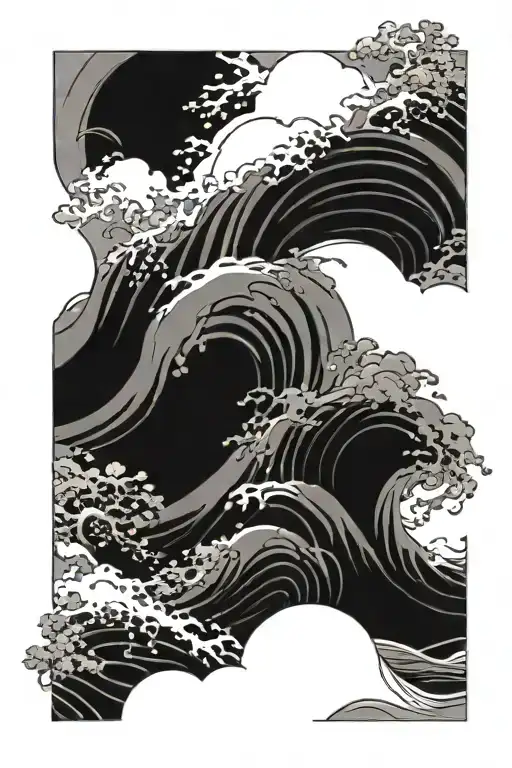 Japanese manga, waves and clouds, peonias tattoo design idea