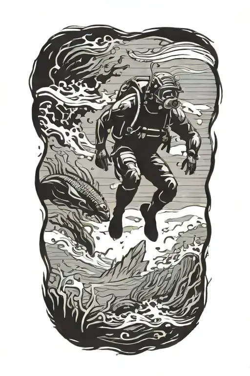 male horizontal scuba diver silhouette exploring the open ocean surrounded only by water tattoo design idea