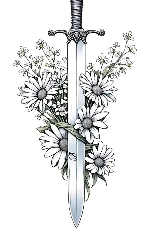 baby's breath and daisies wrapped around sword tattoo design idea