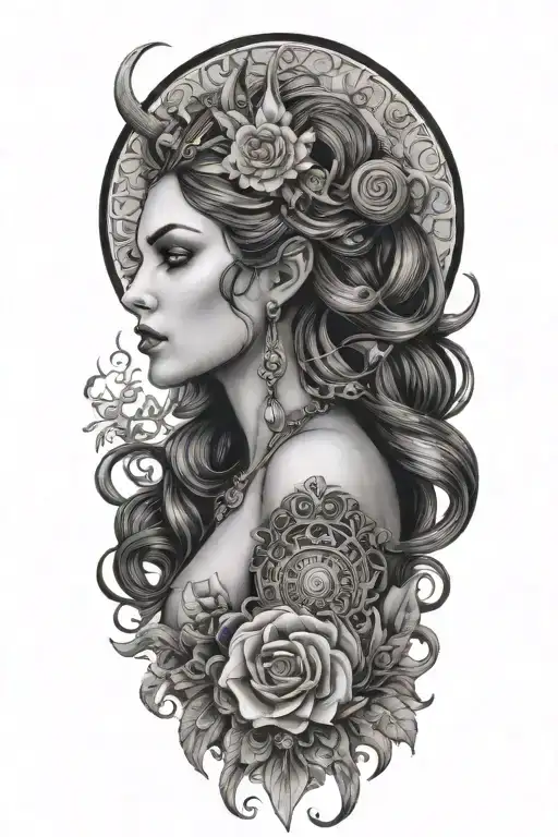 A black and grey portrait of a powerful Wiccan goddess with intricate hair inspired by cosmetology tattoo design idea