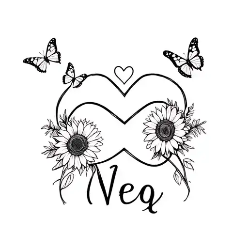 Infinity sign with a heart &  with sunflowers and butterflies and name Neq tattoo design idea