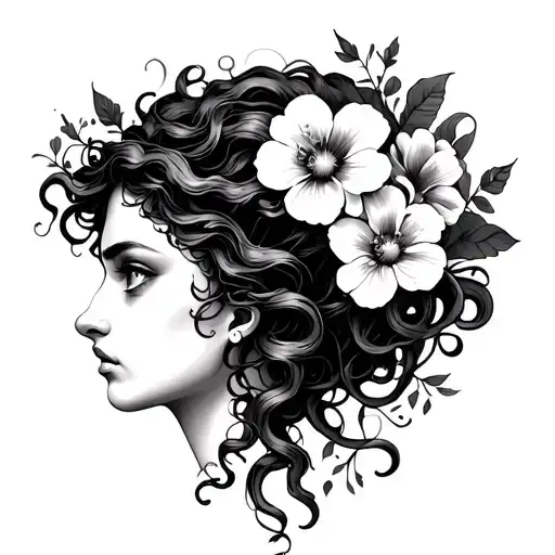 Side view of Medusa with white eyes and flowers tattoo design idea