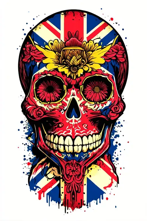 Colombia and Union Jack colour sugar skull cyberpunk tattoo design idea
