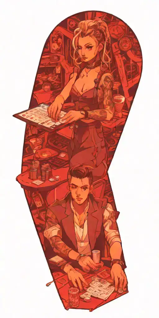 A cyberpunk-inspired anime character playing poker in a casino setting, reflecting the client's interest in Japanese ani tattoo design idea
