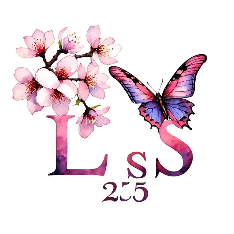 create a minimalist tattoo with  hidden letter "L" and "S" and "25" cherry blossom and butterfly tattoo design idea