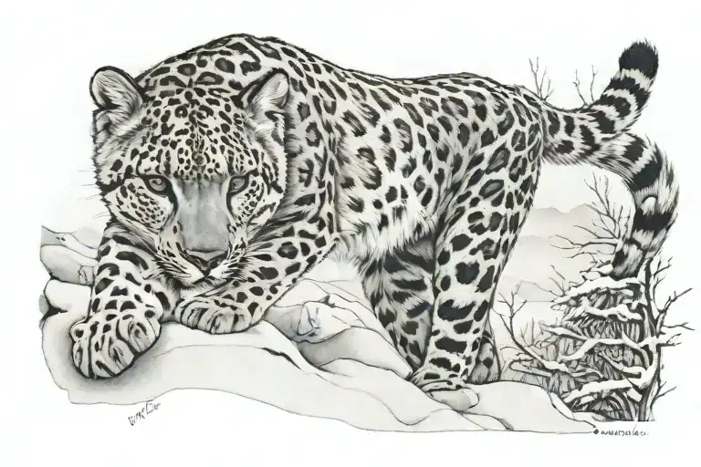 snow leopard walking tattoo design idea
