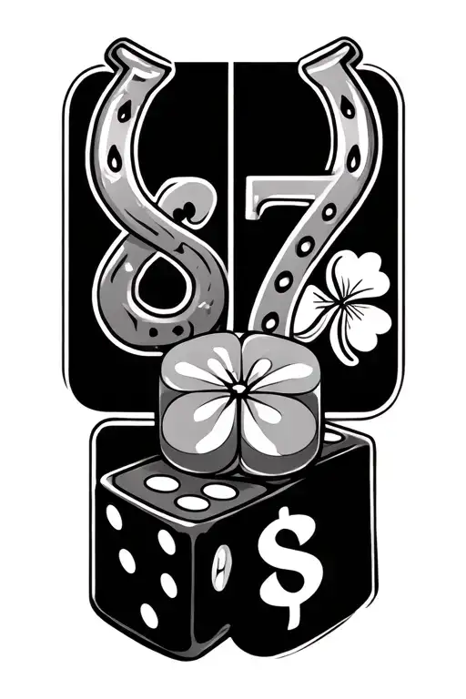 Tattoo , Number 87, Three sevens cards, Two dice showing six, Horseshoe, Four-leaf clover, Dollar signZodiac sign Sagitt tattoo design idea