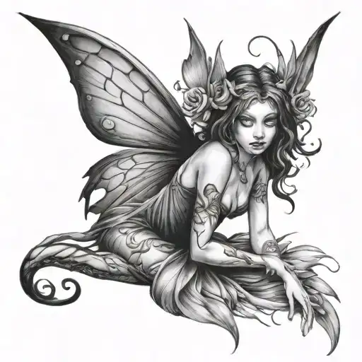 dark fairy sitting tattoo design idea