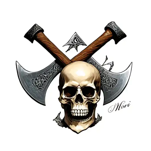 Weathered nordic Axes Crossing eachother with a skull in between them with moment Mori engraved on it tattoo design idea